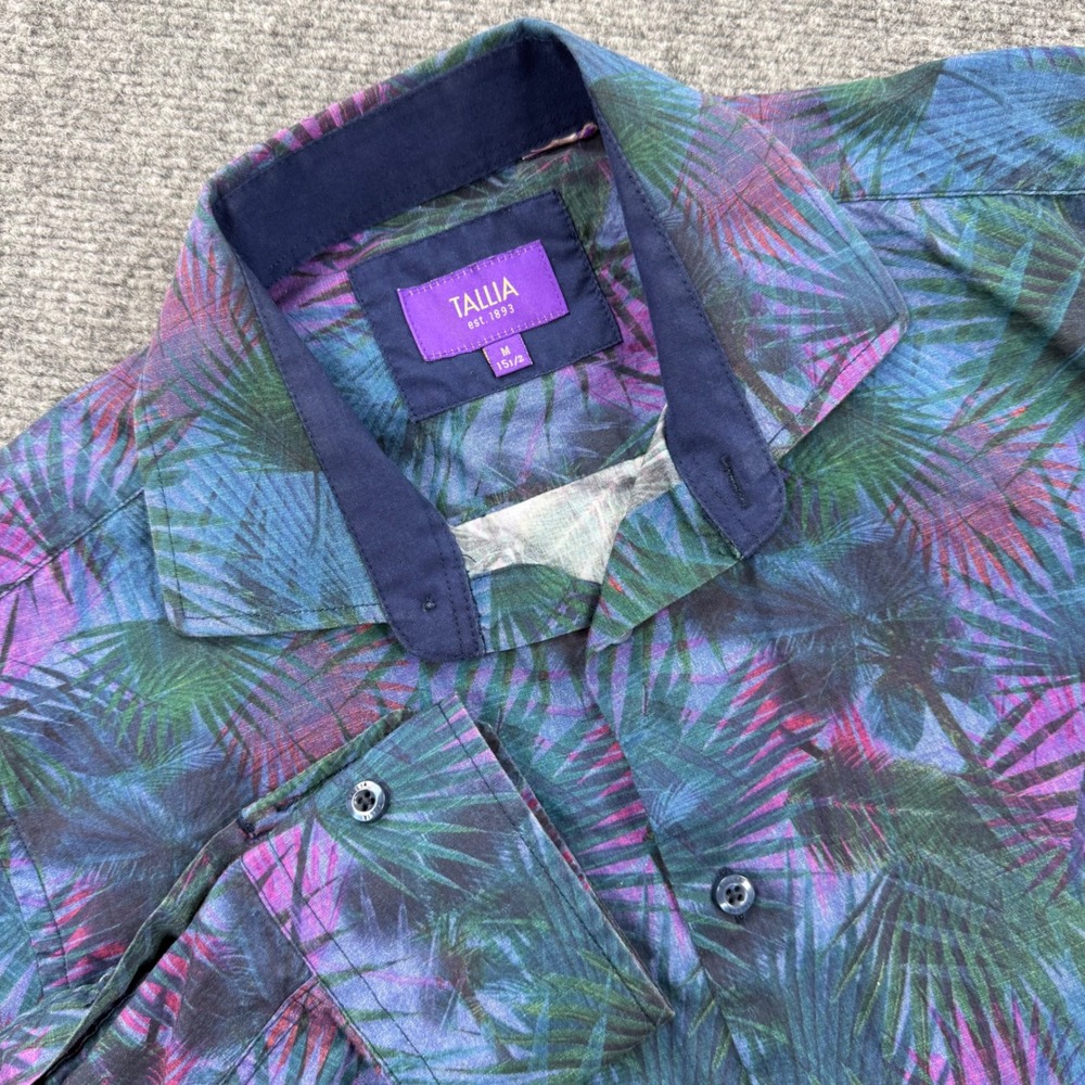Tallia Button Down Shirt Size Medium Purple Teal Tropical Palm Leaf Men's